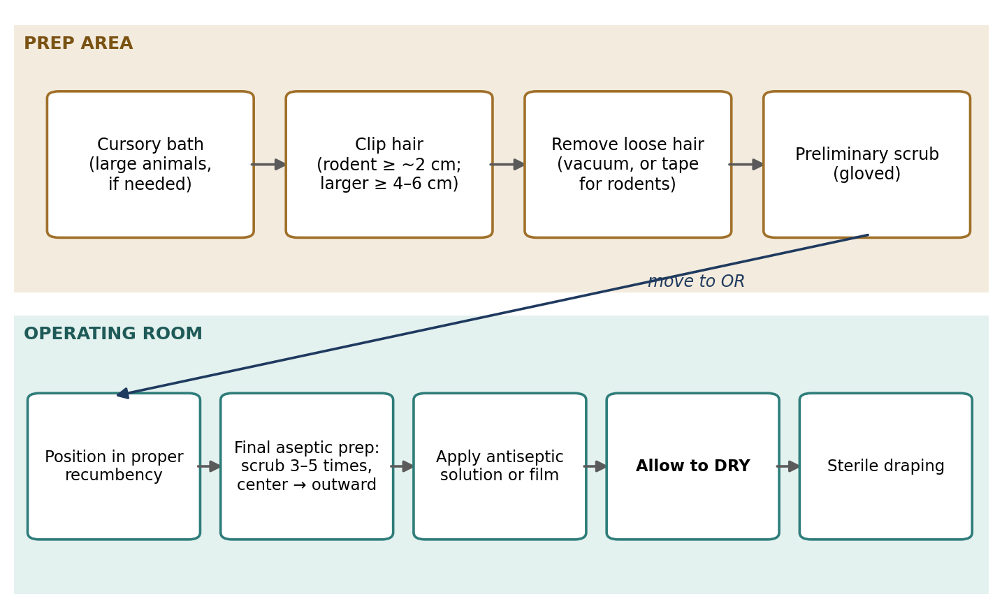 The sequence of aseptic patient preparation, from the preparation area to the operating room.