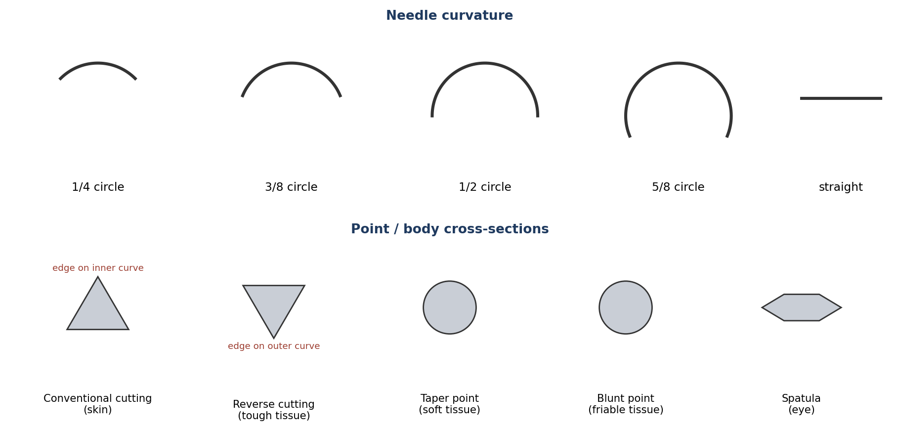Needle curvatures and point (body) cross-sections (schematic).
