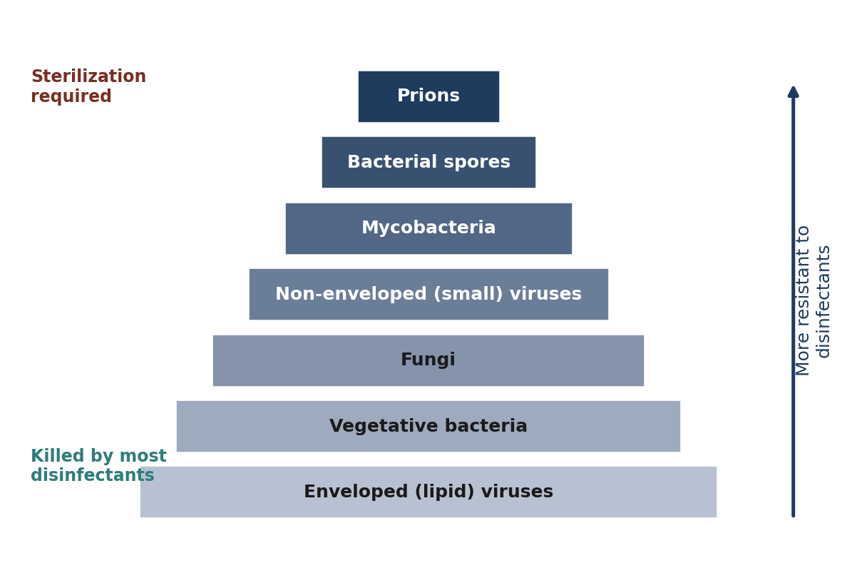 General hierarchy of microbial resistance to chemical disinfectants. Organisms near the top require more potent agents or sterilization.